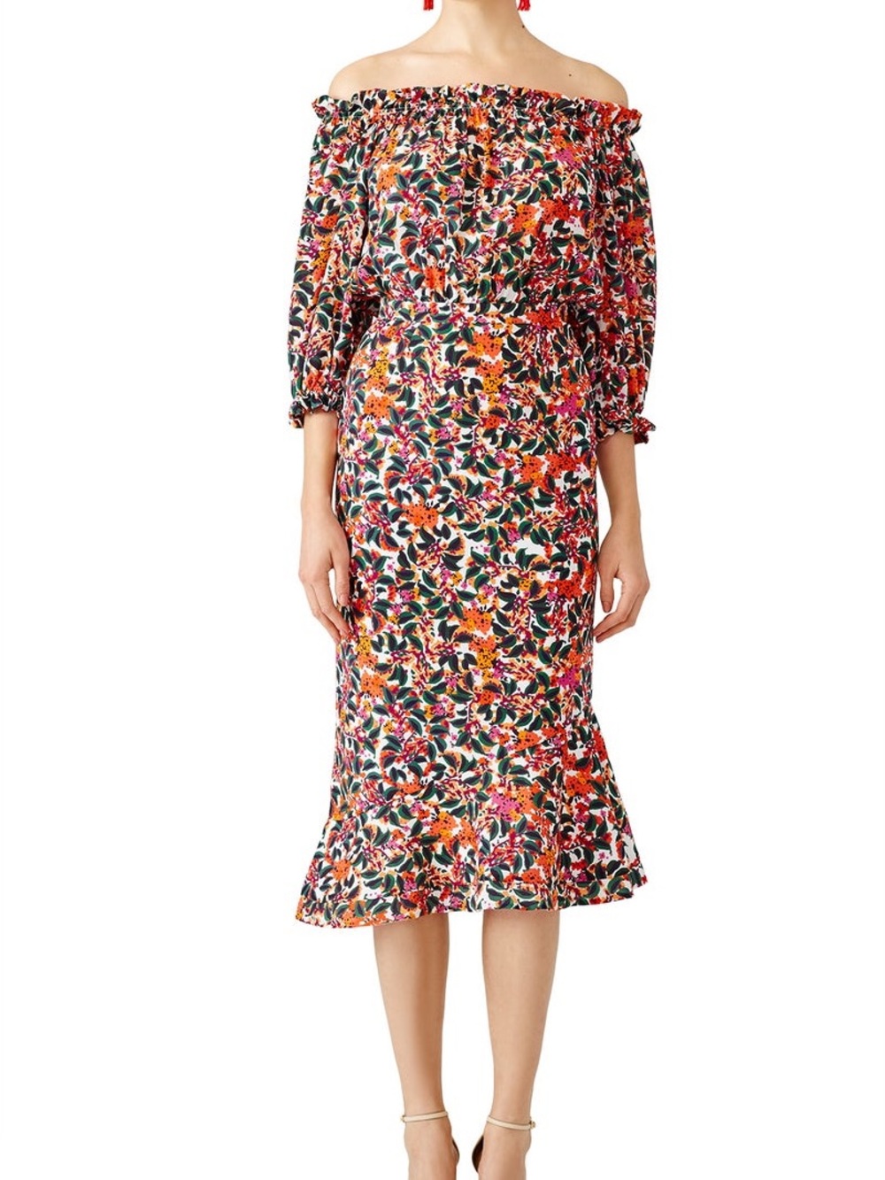 Saloni | Grace Floral Colorful Lapis Begonia Fit & Flare Off The Shoulder Dress